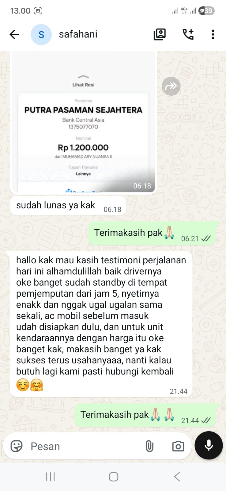 Testimoni pelanggan Velotrans - chat WhatsApp 1